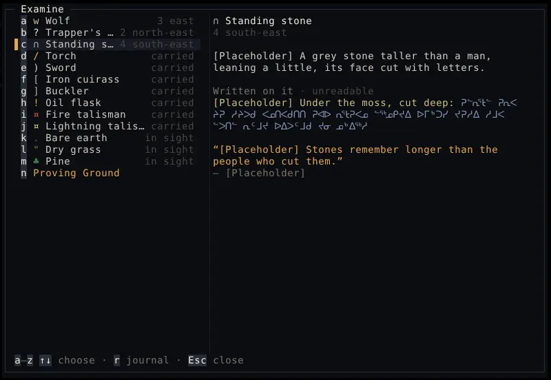 The examine screen over the map at night: a list of what the character perceives, and a standing stone's description, with part of its inscription in unknown angular letters and a quote below.