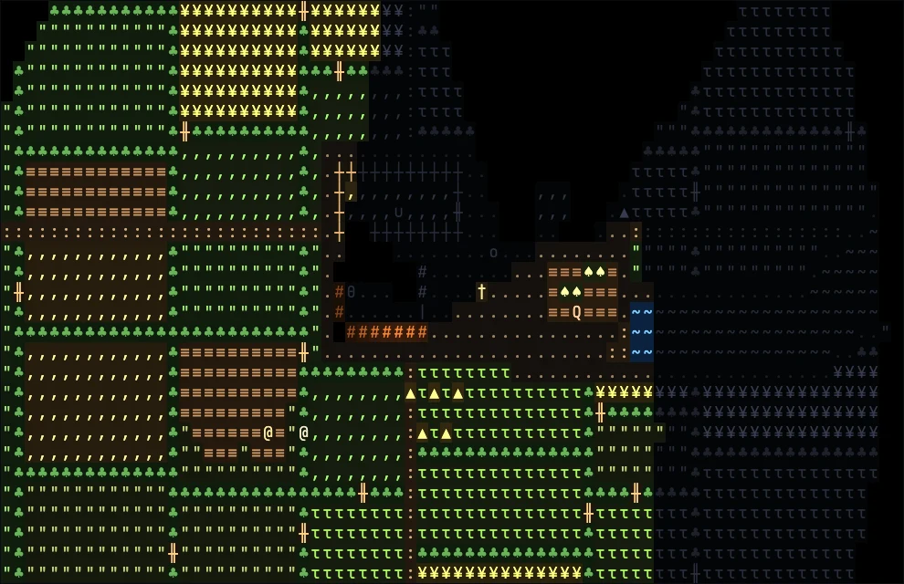 A homestead in the farmland by day: hedged fields of ripe gold wheat, green young wheat, ploughed furrows and pasture, a farmhouse with a lit hearth, a hen-pen behind a fence, haystacks, a scarecrow, a stream, and the farmer out sowing a field.