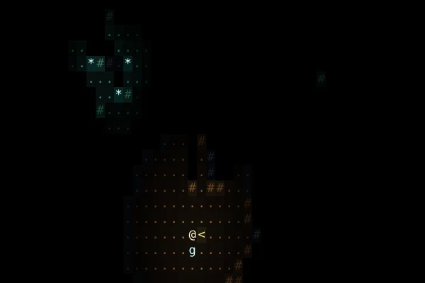 Torchlight on the floor of the Undercroft beside the up stairs. A pale ghost, drawn as a g, stands next to the player.
