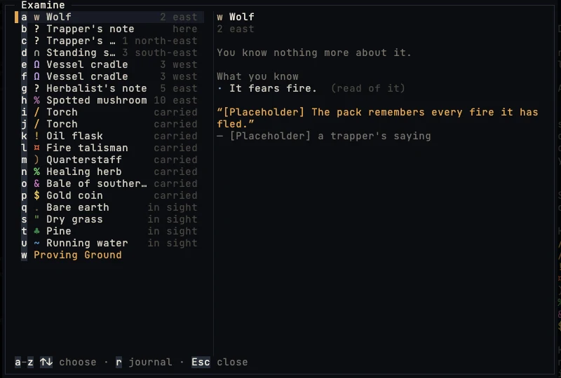 The examine screen: a wolf two cells east, known by name now, with a line under What you know saying it fears fire, learned by reading of it, and a trapper's saying quoted beneath.
