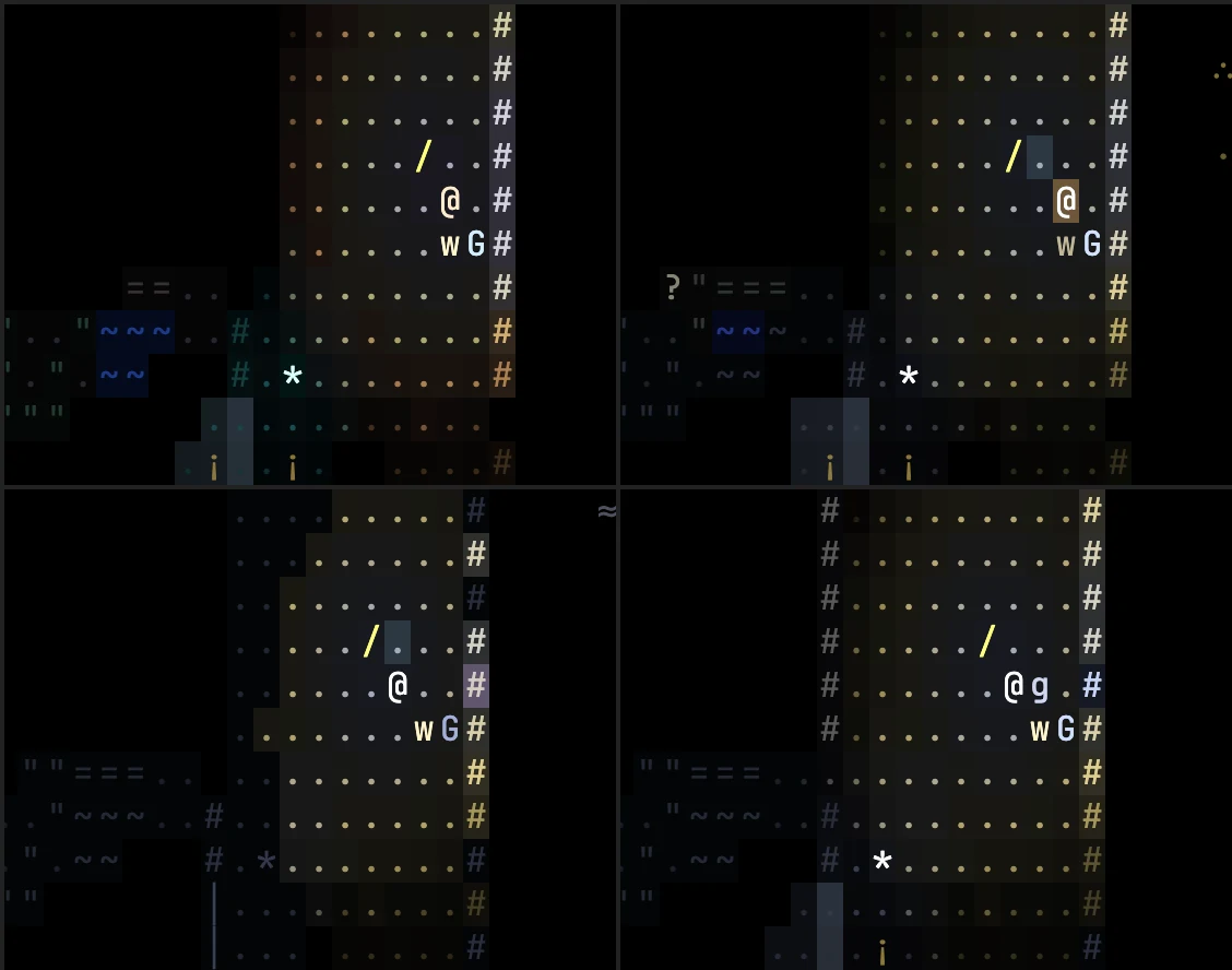 The same lit hall in the ruins seen four ways: by a human in full colour; by a wolf in blues and yellows, smelling someone behind the wall; by the iron guardian, with one cell of wall shimmering where it feels open ground; and by a ghost, which sees that cell for the illusion it is.