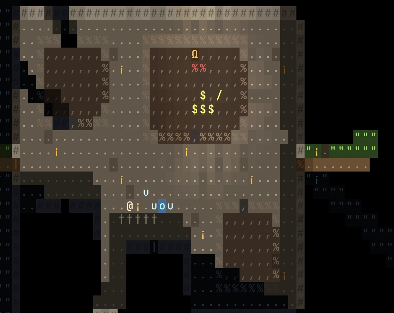 The town the morning after a siege that broke in: the inn and the shop beside it are charred floors inside rings of rubble, and a row of fresh graves lies by the well.