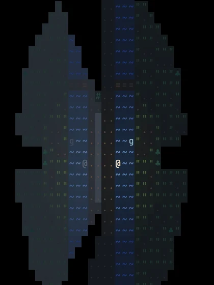Behind the glass, under a grey wash: a long pool of reflected light around a mirror wall, a river and grass lit faintly inside it and darkness all round. The player stands by the river, and a pale ghost stands plainly beside them and again in the mirror.